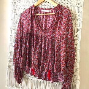 Trafaluc Collection Zara Bohemian floral long sleeve V neck blouse W/ ta…